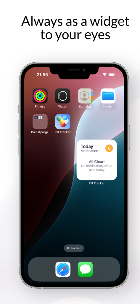 PillTracker: Pill Reminder - A medication tracking widget for PillTracker on an iPhone home screen showing all daily pills are taken