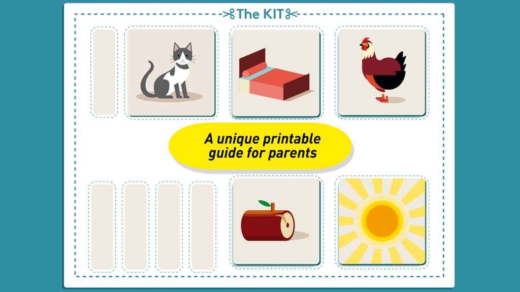 Um guia para pais para impressão do aplicativo Leitura Inicial Montessori mostrando cartões de fonética educacionais com ilustrações