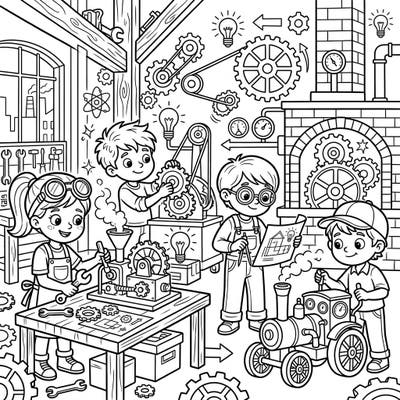 Ignite your child's imagination with this exciting Industrial Innovators coloring page, specially designed for curious young minds. Explore a bustling workshop filled with gears, gadgets, and budding engineers bringing their ideas to life.