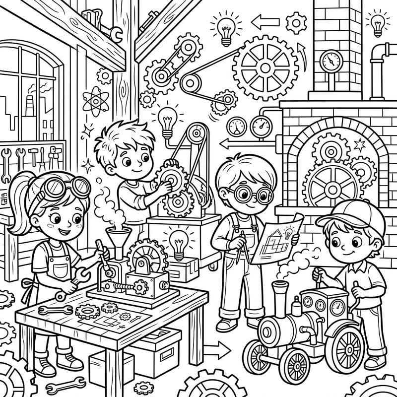 Ignite your child's imagination with this exciting Industrial Innovators coloring page, specially designed for curious young minds. Explore a bustling workshop filled with gears, gadgets, and budding engineers bringing their ideas to life.