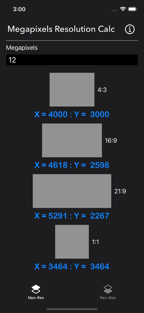 Megapixels Resolution Calc - Megapixels Resolution Calc app screen showing pixel dimensions for a 12MP image in 4:3 16:9 21:9 and 1:1 ratios