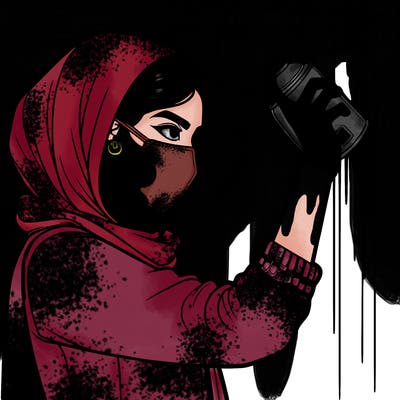 realistic girl with mask spray painting a wall