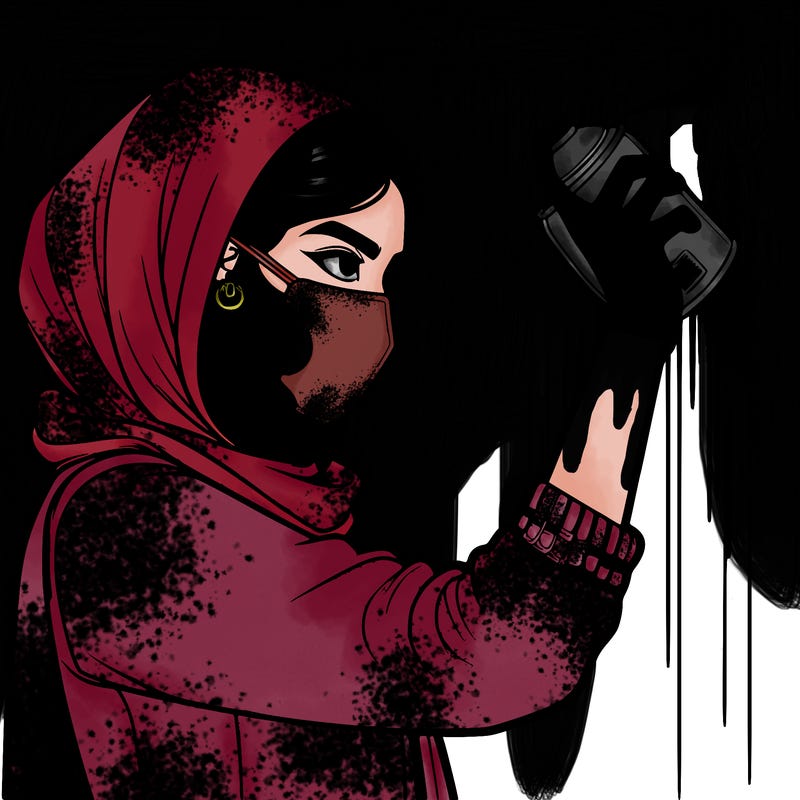 realistic girl with mask spray painting a wall