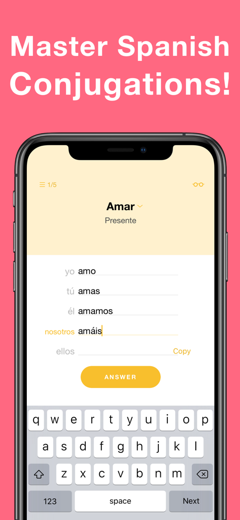Una pantalla de móvil mostrando una prueba de conjugación de verbos españoles para el verbo Amar en presente.