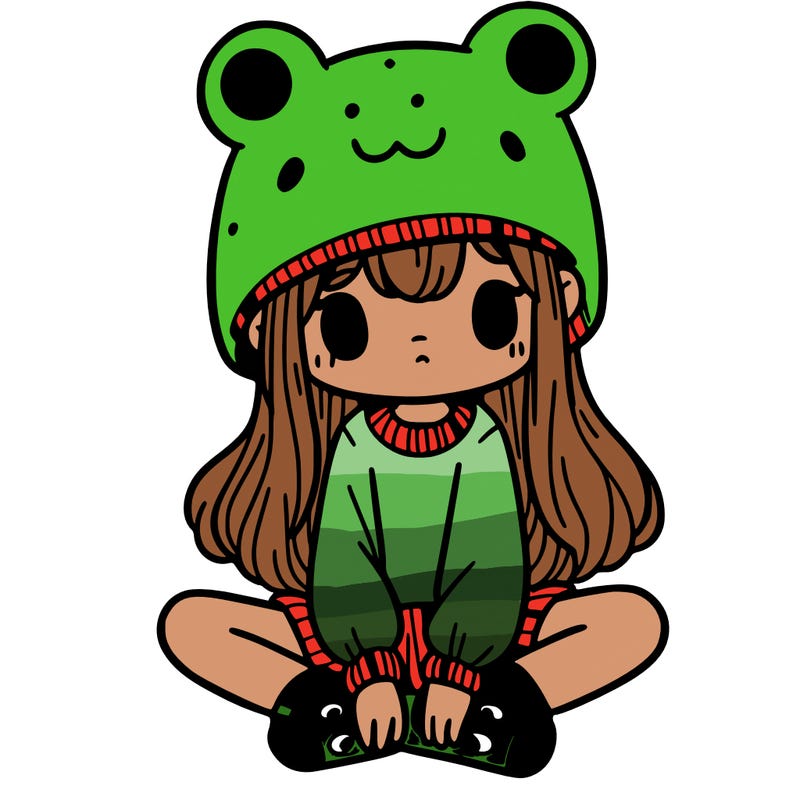 a girl wearing a frog hat and some frog socks