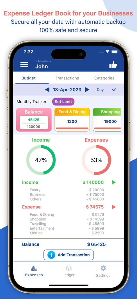 Ledger Book Expense Manager - Dashboard do rastreador de orçamento mensal no Ledger Book Expense Manager mostrando gráficos de receita e despesa