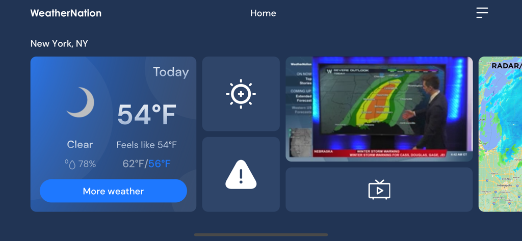 WeatherNation app dashboard displaying current weather in New York and a live meteorologist video forecast.
