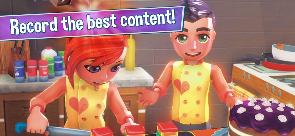 Due avatar del gioco in divise da chef che registrano un video di cucina per il loro canale