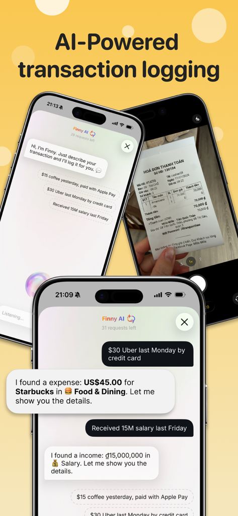 Finny: AI Money Tracker - Finny KI-Geldverfolgungsoberfläche mit Quittungsscanning und Transaktionsprotokollierung in natürlicher Sprache