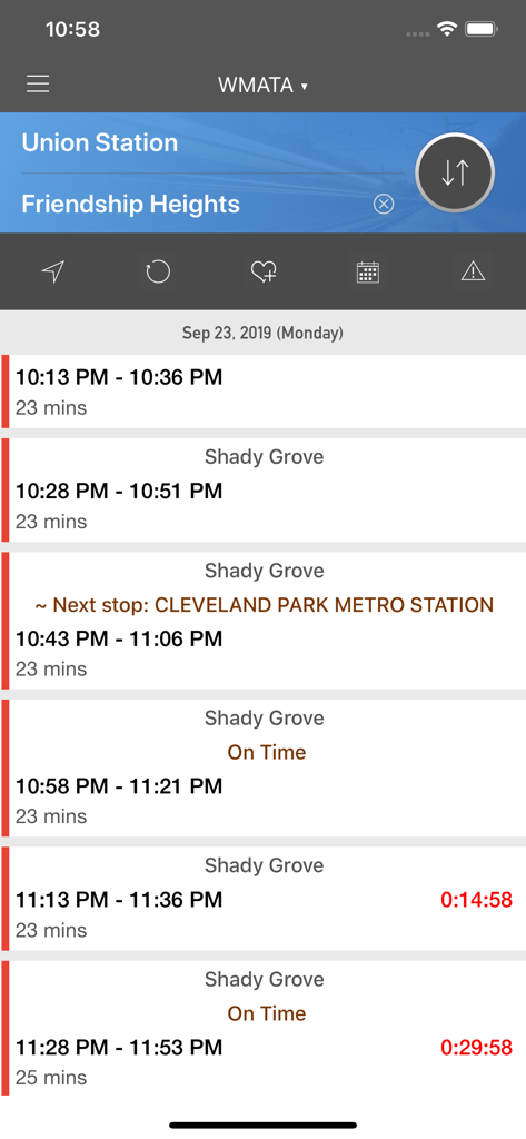 onTime : DC Metro - WMATA - onTime app interface showing real-time DC Metro WMATA train schedules and arrival countdowns