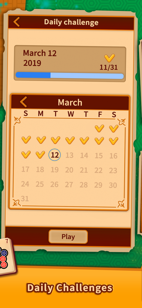 Monthly calendar view of daily challenges in Mahjong Solitaire Puzzles