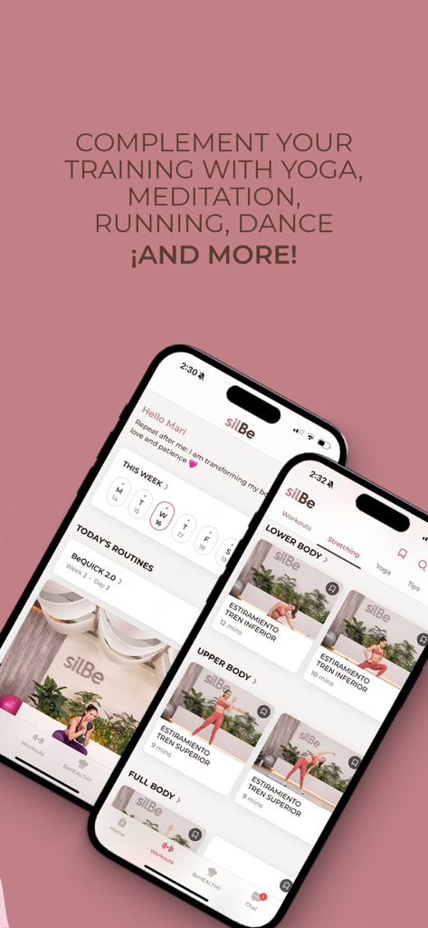 silBe: Fitness for Women - Dos pantallas móviles que muestran el panel de la aplicación de fitness silBe y rutinas de ejercicios categorizadas para mujeres