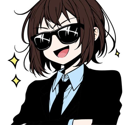 anime girl with sunglasses making a grin in a suit and tie
