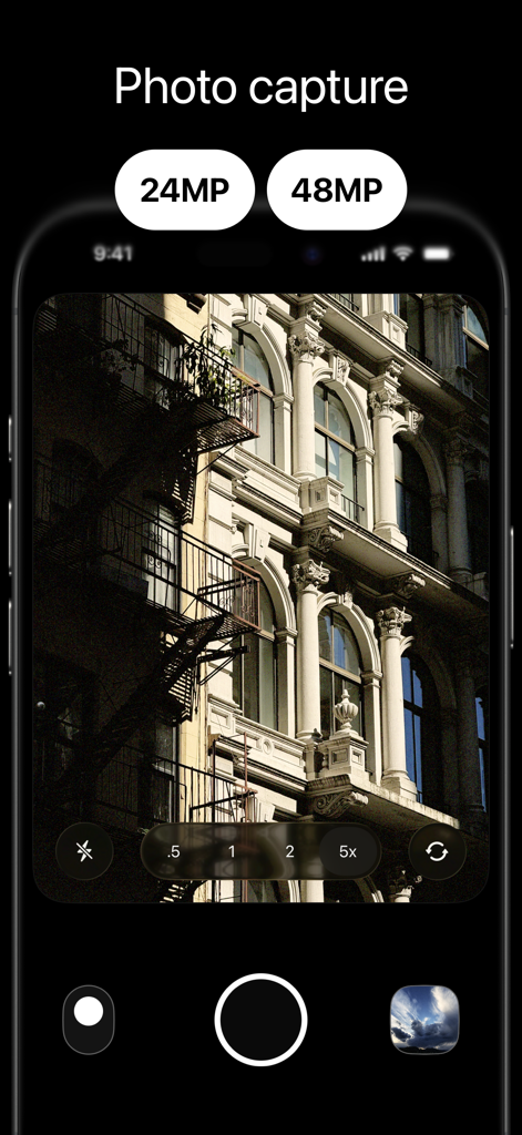 West - Photo & Video Editor - West app camera interface showing 24MP and 48MP photo capture options