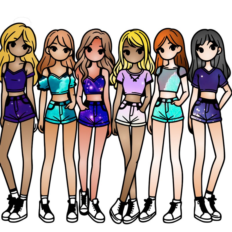 a group of girls wearing crop tops and shorts