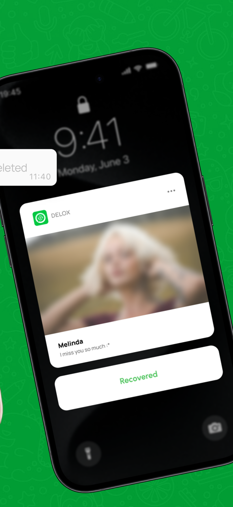 Delox Recover Deleted Messages - Pantalla de bloqueo del iPhone mostrando una notificación de mensaje recuperado de la aplicación Delox