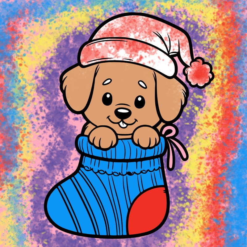 cute puppy wearing santa hat in socking