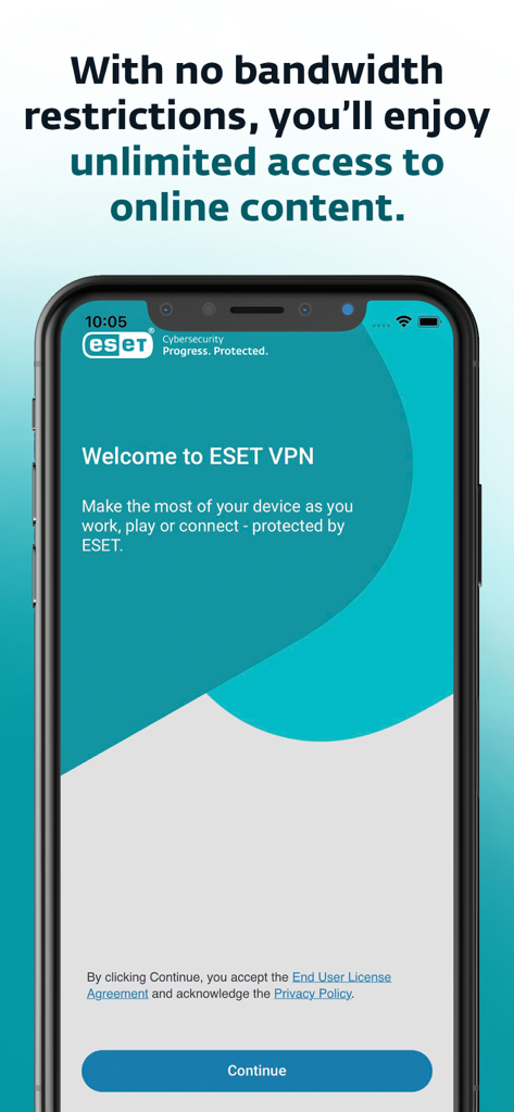 ESET VPN app welcome screen with a message about unlimited access to online content