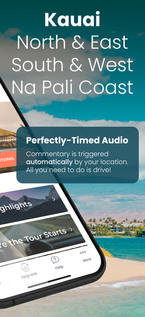 Kauai GyPSy Guide Driving Tour - Kauai driving tour app interface showing automatic audio commentary triggers and tour locations