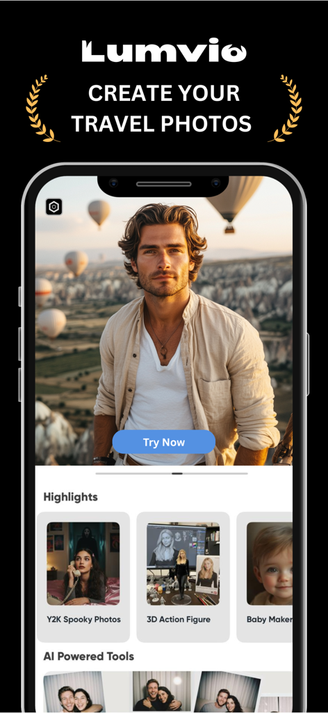 Lumvio ai - ai photo generator - Lumvio AI App-Oberfläche mit einem Reisefoto-Generator, der einen Mann in Kappadokien und Heißluftballons zeigt.