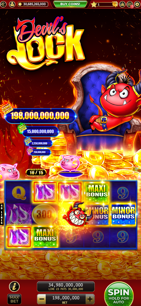 Best Bet: Slots Casino Games - App Best Bet Casino che mostra il gioco della slot machine Devils Lock con un personaggio diavolo rosso e jackpot da miliardi di monete