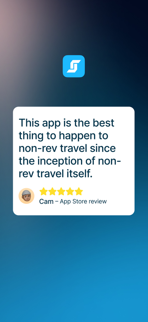 Una reseña de cinco estrellas en la App Store para StaffTraveler sobre viajes non-rev