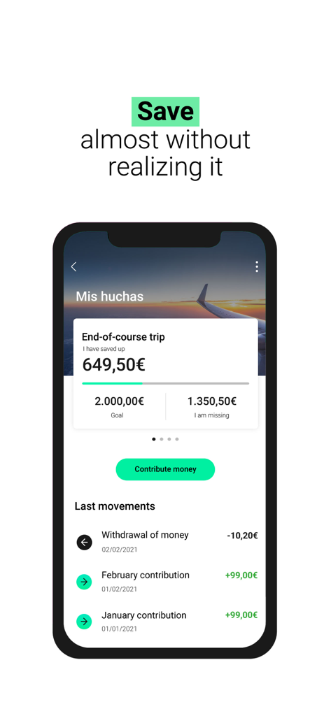 imaginTeens - Your new card - imaginTeens app savings goal screen showing progress towards a trip and transaction history