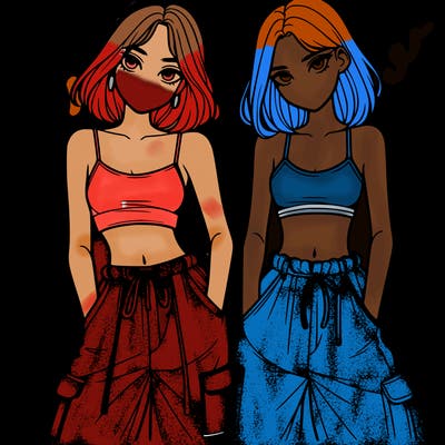 two girls with crop top with baggy pants