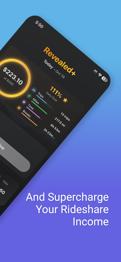 Revealed plus app dashboard showing daily rideshare earnings and goal progress statistics