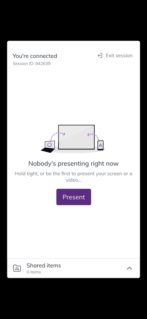 Interface of the SMART Mirror app showing a successful connection and a button to start presenting