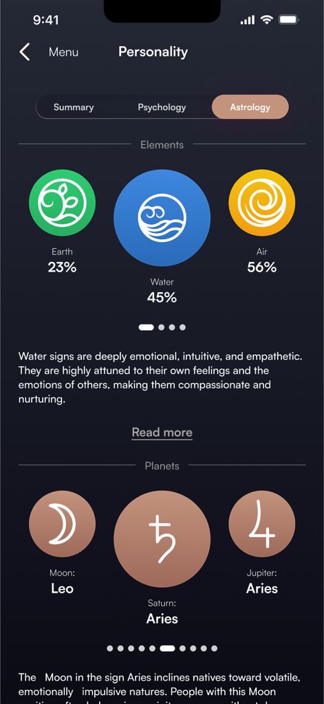 A personality profile screen in the Matchful app showing astrological elements and planet positions for compatibility analysis