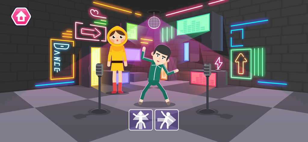 Dance Party Coding for kids - Two characters dancing on a neon stage with coding command blocks below
