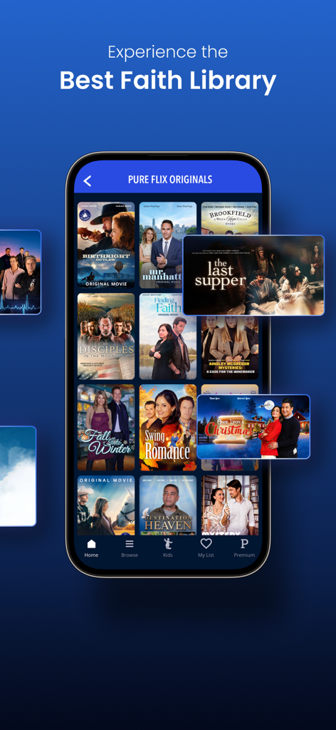 Pure Flix mobile app interface showcasing a library of faith-based and family-friendly original movies