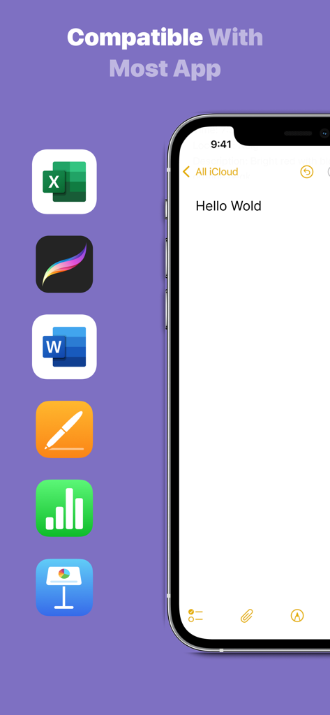 Fonts - Find, install any font - Word, Excel, Procreate와 같은 호환 애플리케이션 아이콘과 함께 Notes 앱에서 사용자 지정 글꼴 사용을 보여주는 스마트폰.