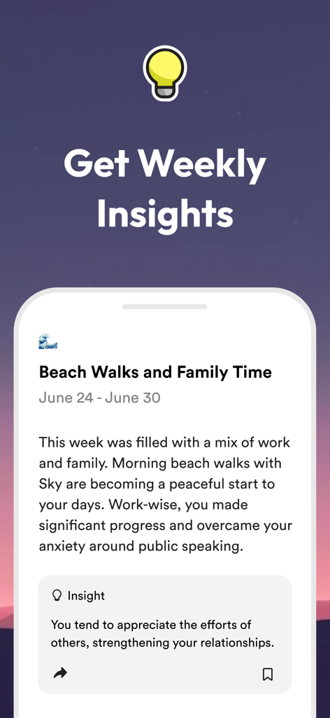 Rosebud: AI Journal & Diary - A screenshot of the Rosebud app displaying weekly personal growth insights and AI-generated pattern recognition from a user's journal entries.