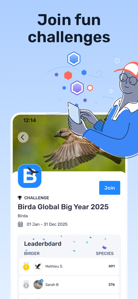 Schermata dell'app mobile Birda che mostra una sfida di birdwatching con una classifica dei migliori birdwatcher