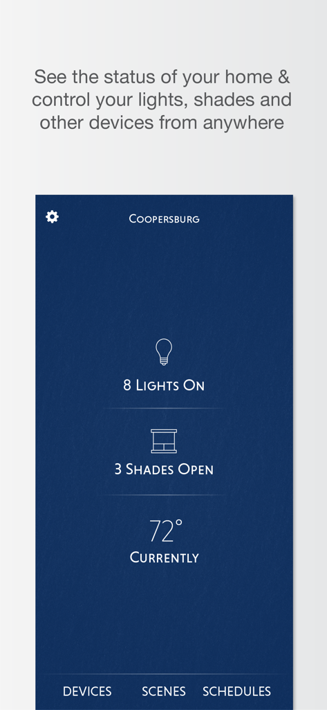 Lutron app home status screen showing light, shade, and temperature controls.
