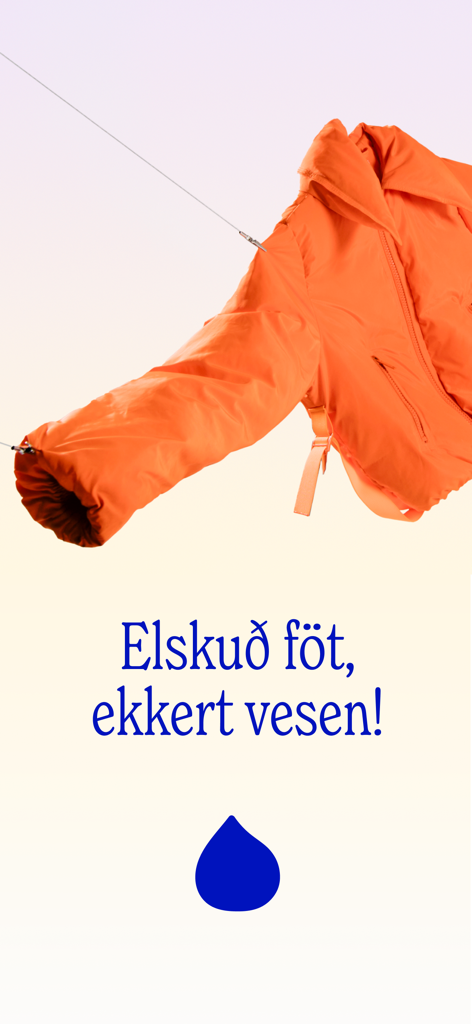 Regn - Regnアプリのスプラッシュスクリーン。オレンジ色のジャケットと、手間いらずのファッションリセールのスローガンが特徴です。