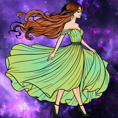 realistic woman in a dress flowing in the wind