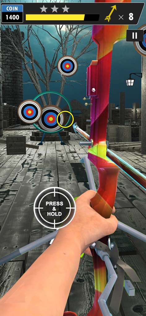First person view of aiming a colorful bow at targets in a 3D archery game