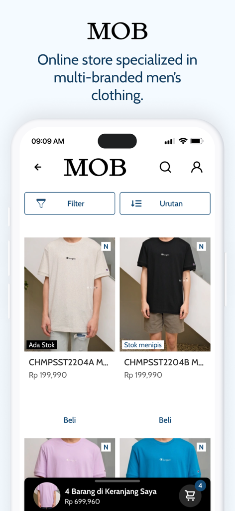 Mens Original Branded - Mens Original Branded MOB mobile app interface showing branded t-shirts and product filters.