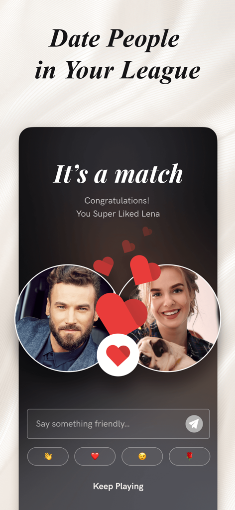 Success screen on the Luxy dating app showing a match between a man and a woman with the text Date People in Your League.