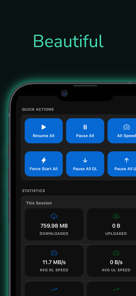 qRemote for qBittorrent - Dashboard of the qRemote app showing quick action buttons and download statistics in dark mode.