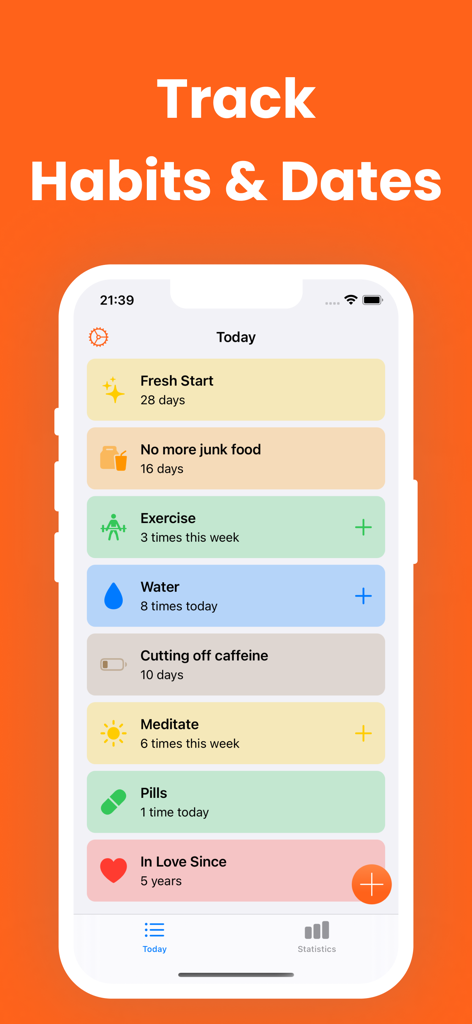 Day Counter & Tracker - Since - エクササイズ、水分摂取、断酒マイルストーンなどの追跡されたさまざまな習慣が表示された日数カウンターアプリのiPhone画面。