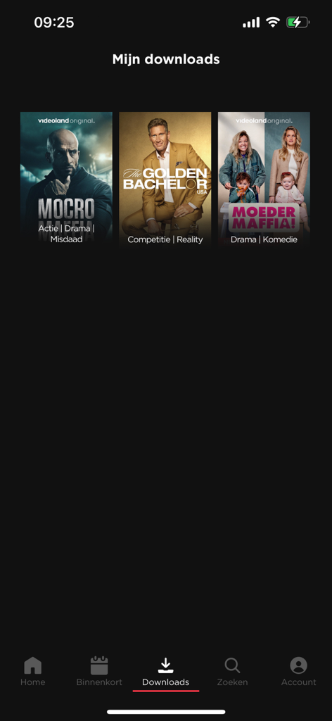 Videoland - Interface do aplicativo móvel Videoland mostrando a seção Meus downloads com pôsteres de séries holandesas como Mocro Maffia e The Golden Bachelor.