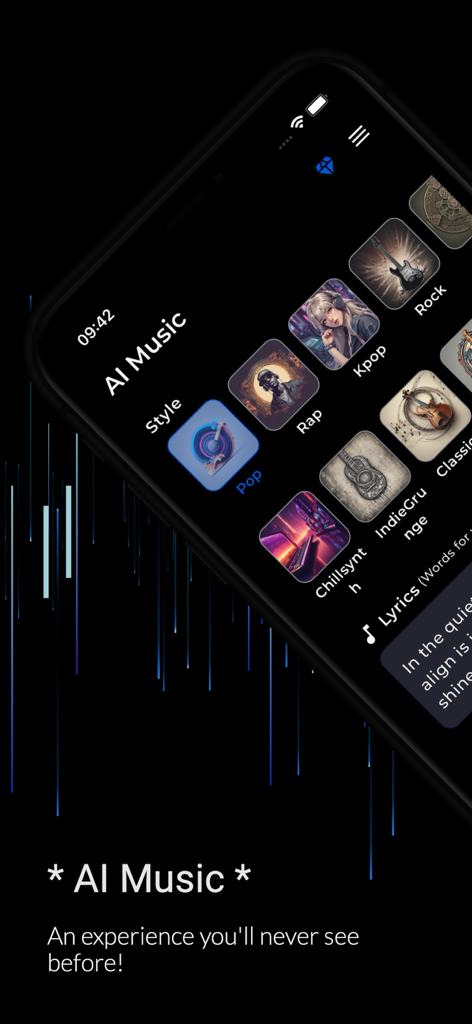 AI Music and Cover Generator app interface on a smartphone showing music style categories like Pop Rap and Rock