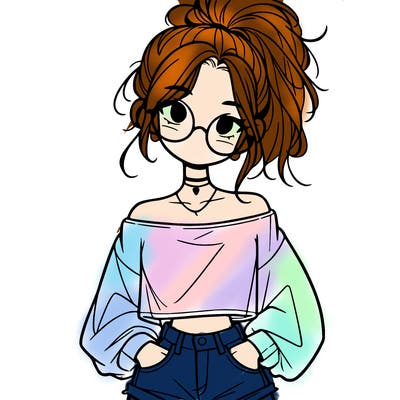 girl with a messy ponytail glasses a baggy crop top and jean shorts