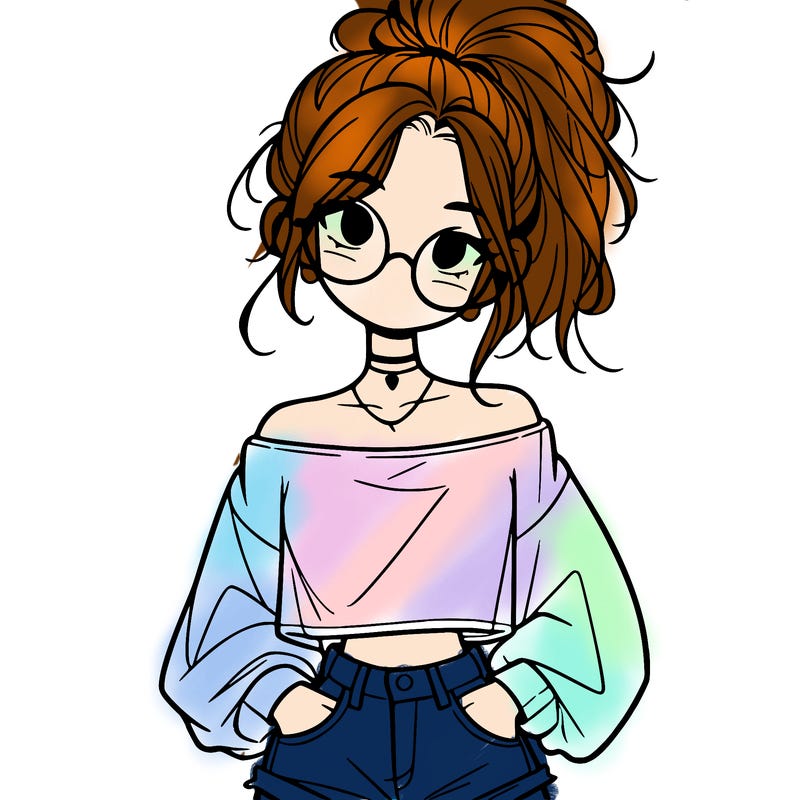 girl with a messy ponytail glasses a baggy crop top and jean shorts
