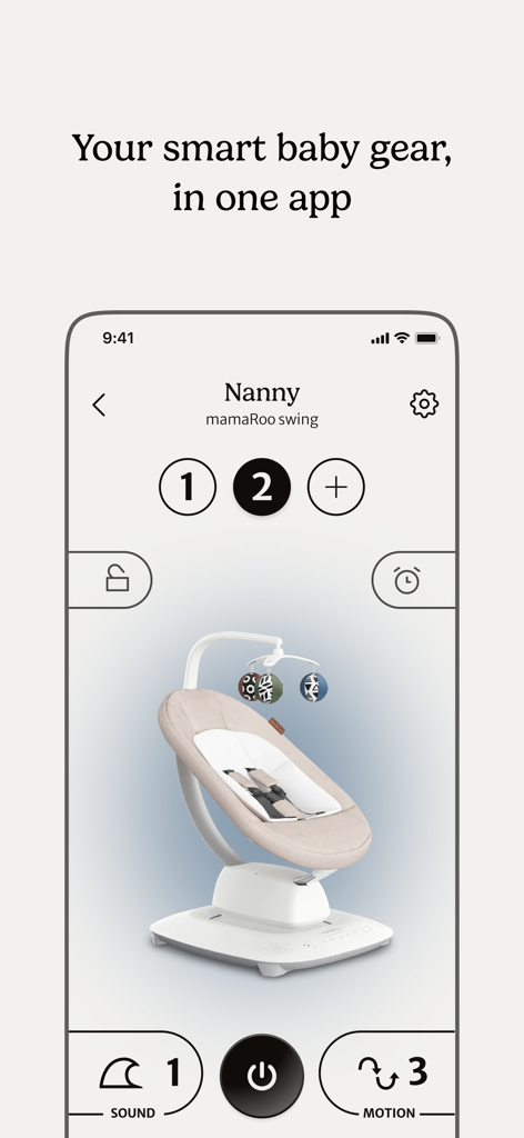 UPPAbaby Home - Smartphone screen displaying the UPPAbaby Home app interface for controlling a mamaRoo baby swing including sound and motion settings