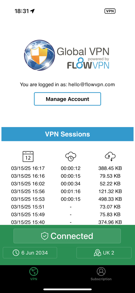 Global VPN - Interface of Global VPN app showing a list of past VPN sessions and a green connected status bar for a UK server